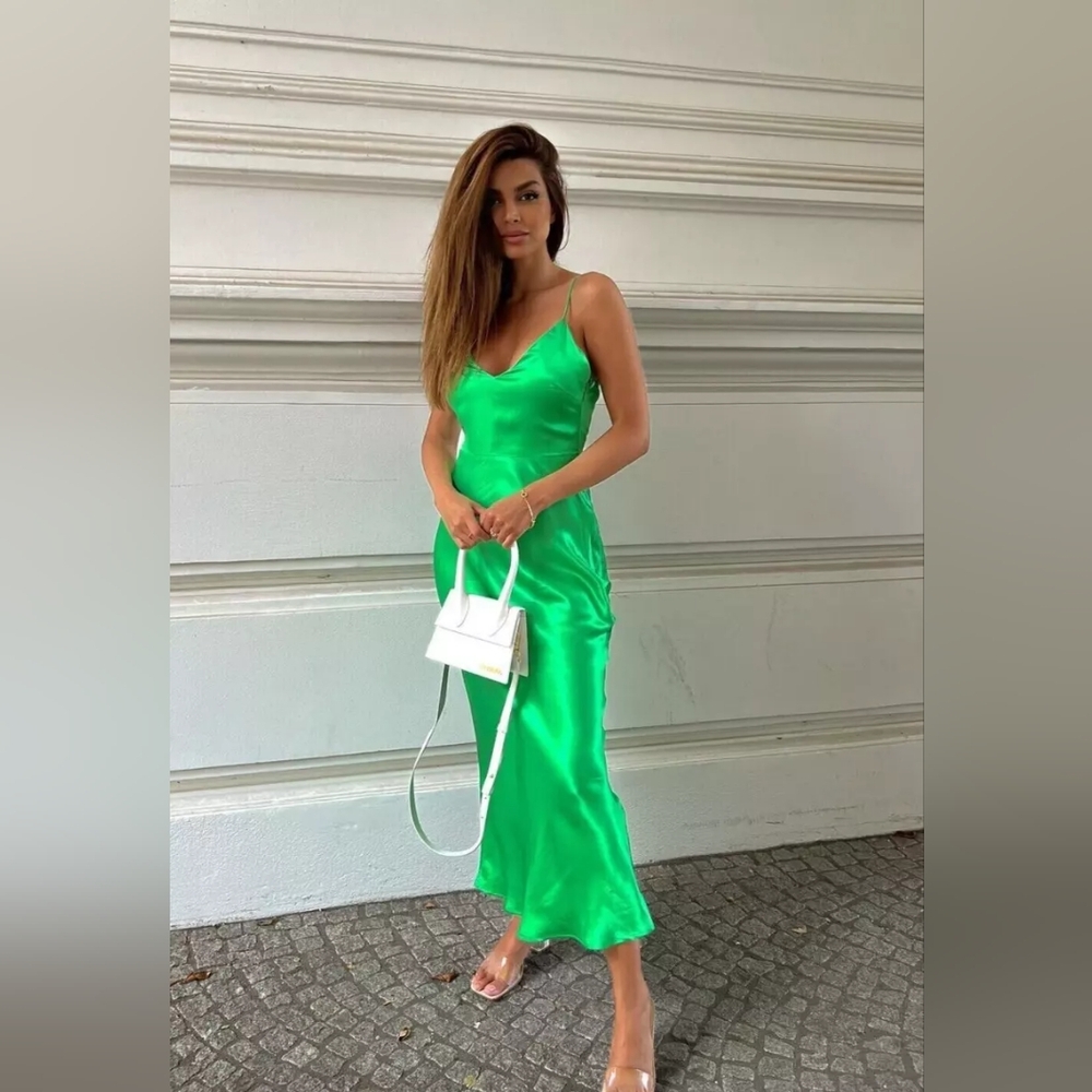 Zara Green Grass Satin Effect Camisole Midi Dress BNWT (has rip!!)